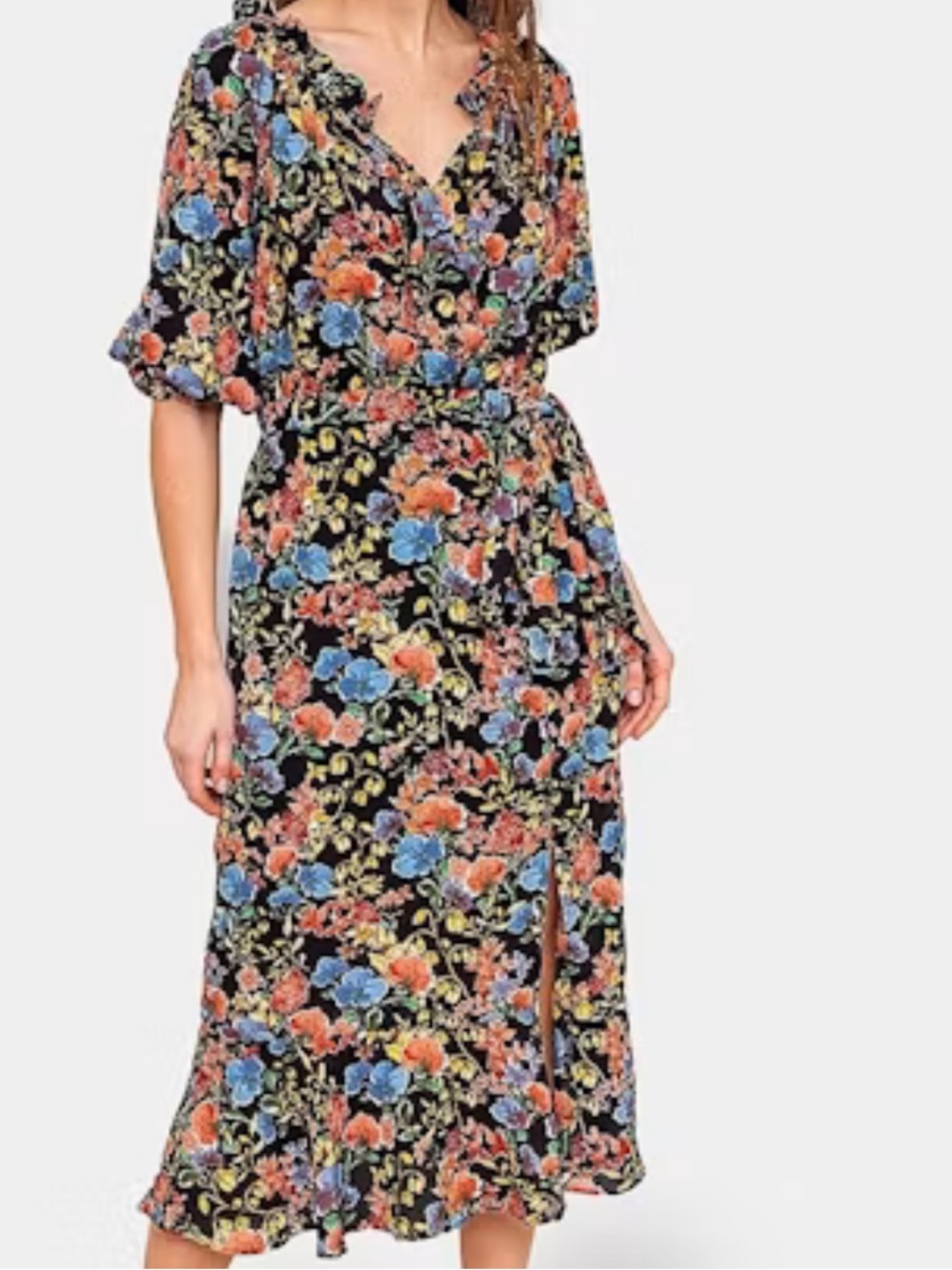 DRESS FORUM Black Floral Midi Dress with Blue and Coral Blooms
